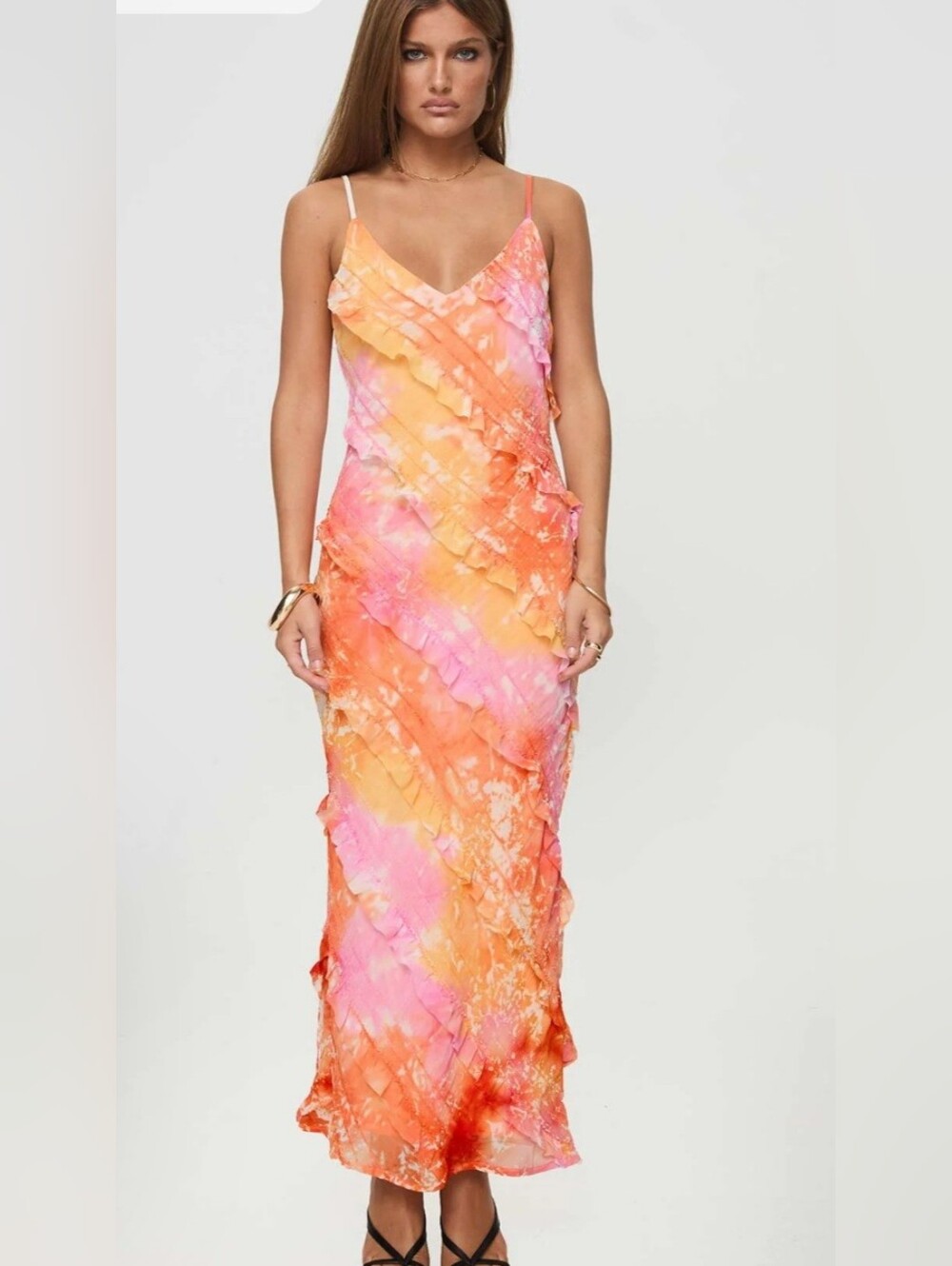 Princess Polly Ruffle Midi Dress Tie Dye Orange Pink Sz 0 XS
>